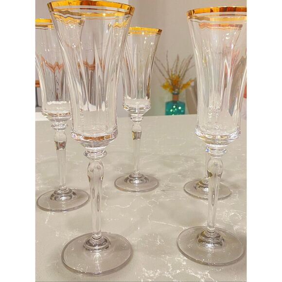 21st Century Mikasa Jamestown Gold Rim Lead Crystal Wine  Mikasa Jamestown Gold Trim Crystal Stemmed Champagne Flute Set of 5